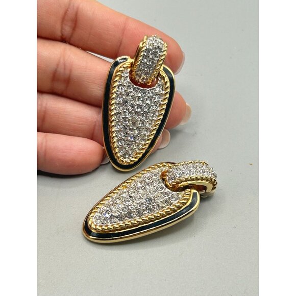 Swarovski Swan Signed Statement Clip Earrings Crystals Pave Gold & Black Enamel - Picture 4 of 10